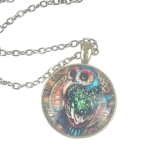 Handmade Owl Pendant Necklace With Colorful Art Illustration On Silver-Tone Chai - Picture 1 of 7